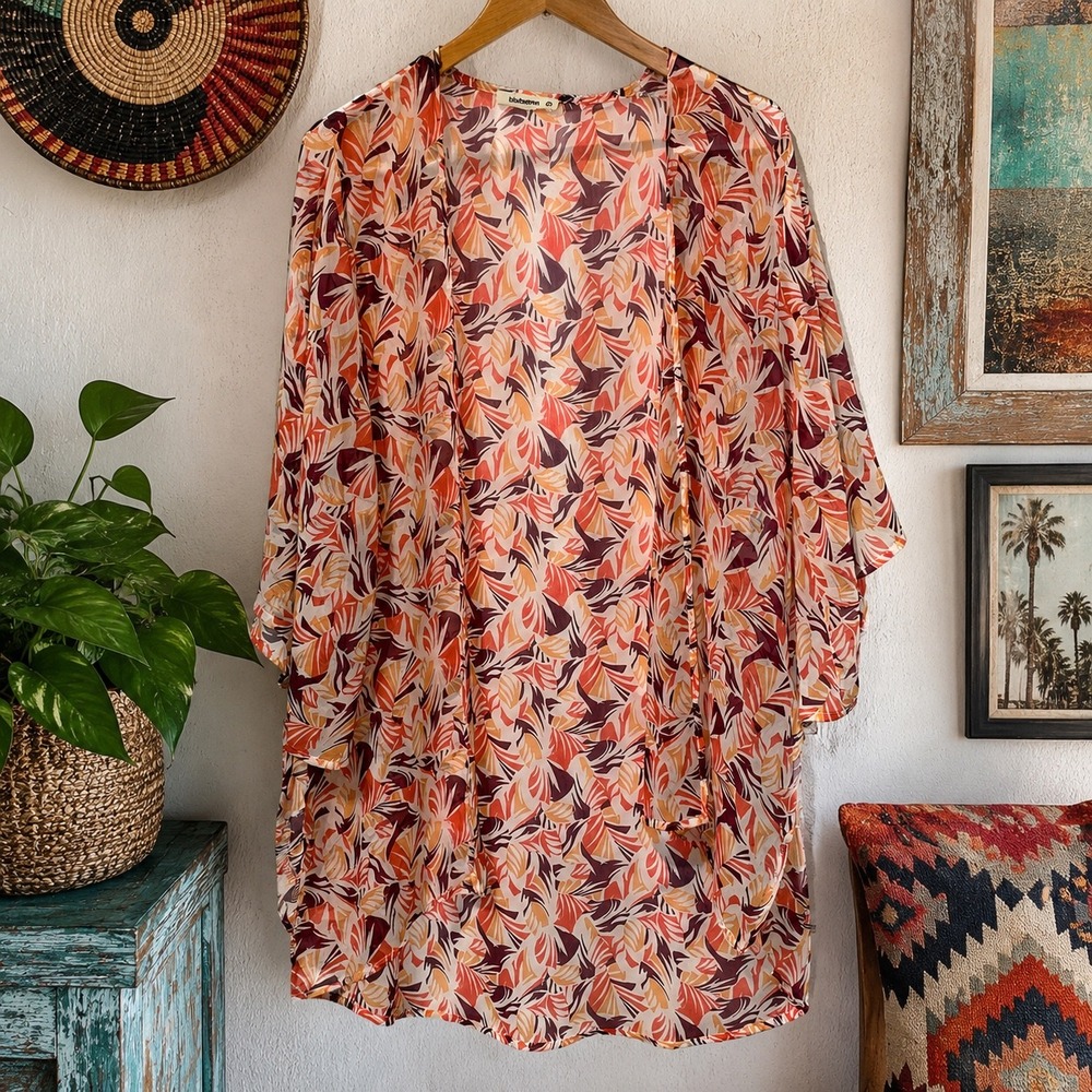 Bluheaven Women's S Tropical Leaf Kimono Cardigan Sheer Swim Cover Up Orange